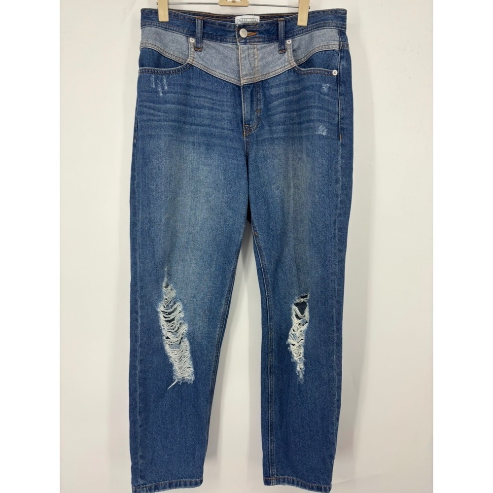 Jordache Heritage Womens Distressed Two Tone Western Yoke Mom Jeans Blue Size 29